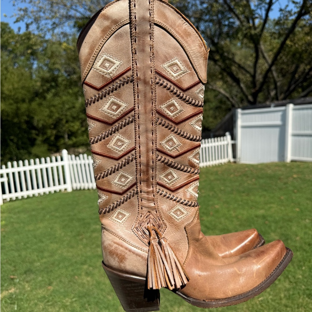 Corral | Circle G Tan Embroidered Boho Western Tassel Boots - 7 - Picture 2 of 10